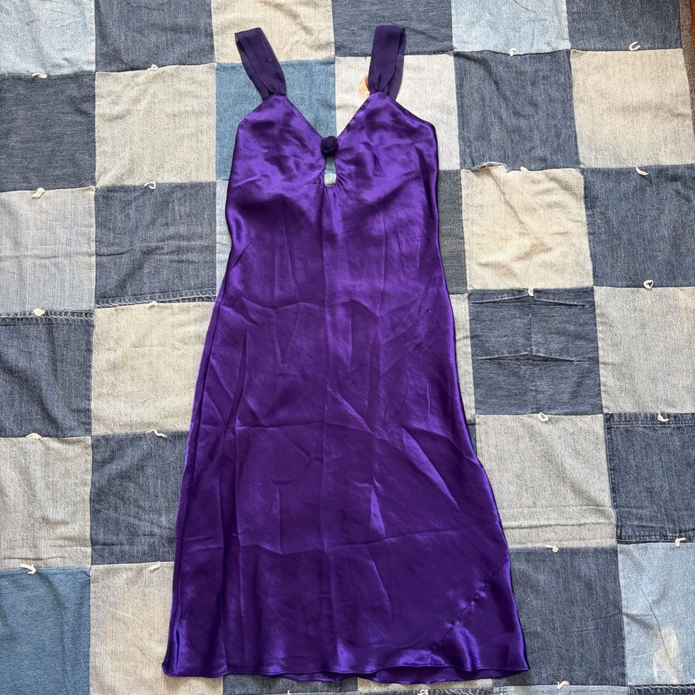 Vintage Satin LINGERIE CACIQUE Midi Dress Slip Keyhole Rosette Chiffon purple S